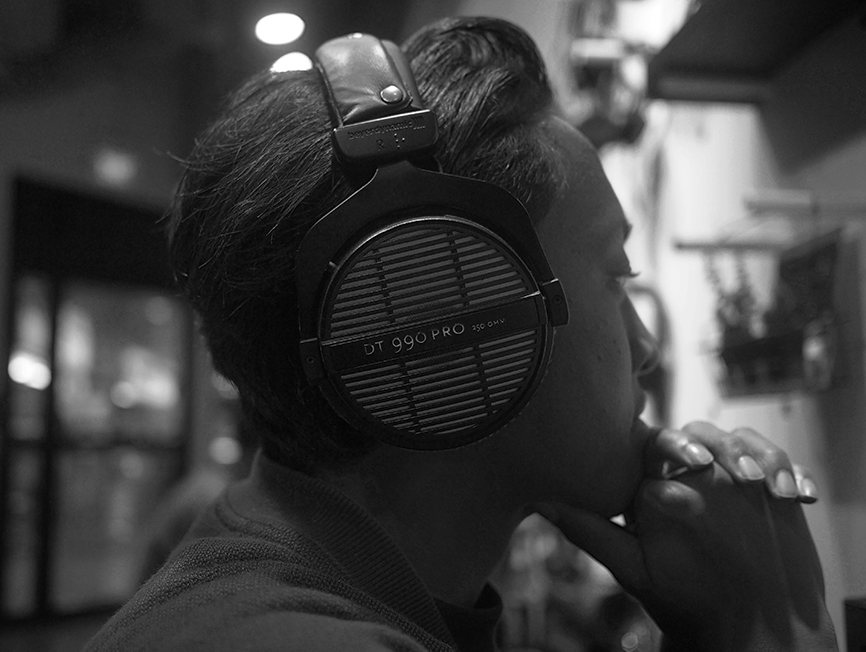 dt990 headphones on head